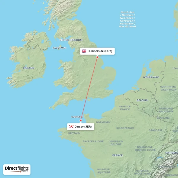 Jersey - Humberside direct flight map
