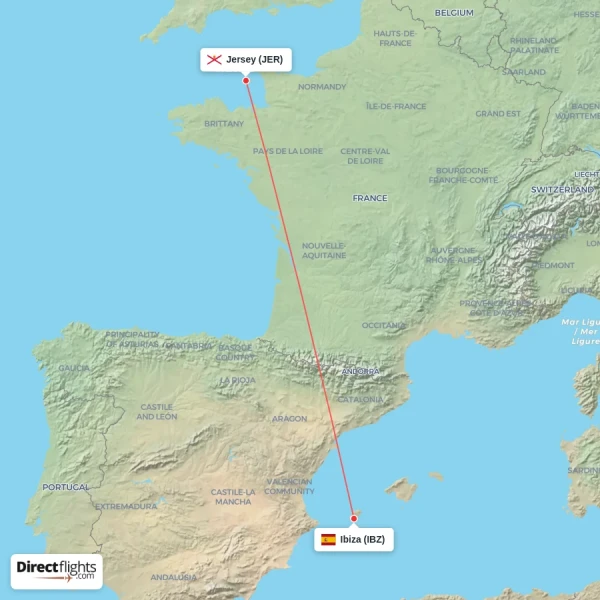 Jersey - Ibiza direct flight map