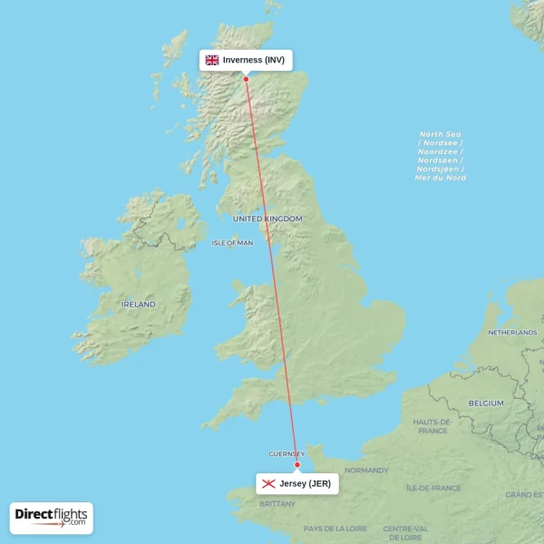 Jersey - Inverness direct flight map