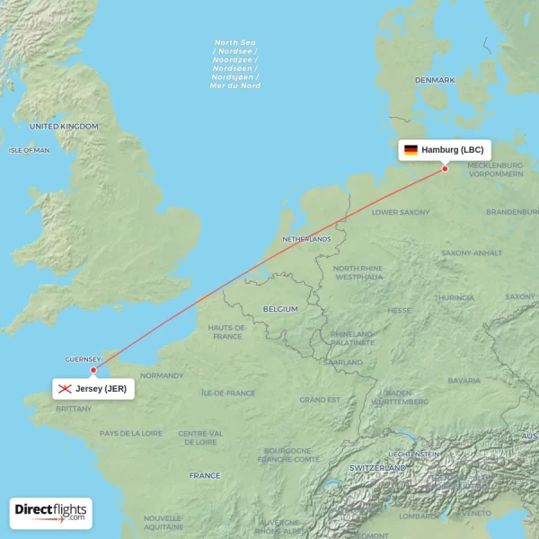 Jersey - Hamburg direct flight map