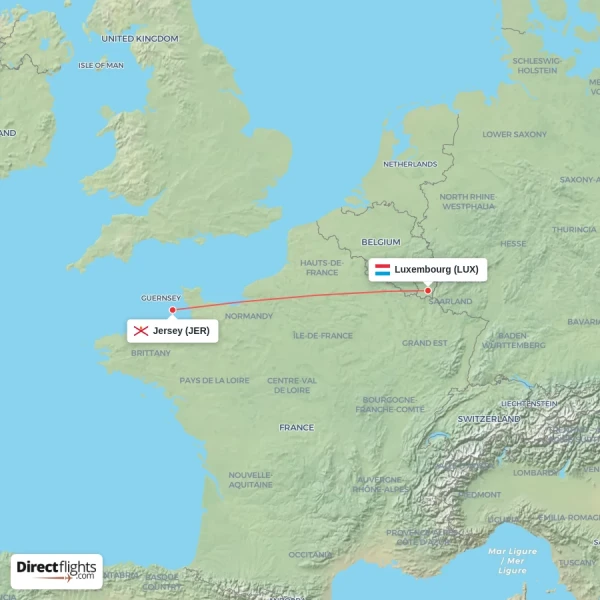 Jersey - Luxembourg direct flight map
