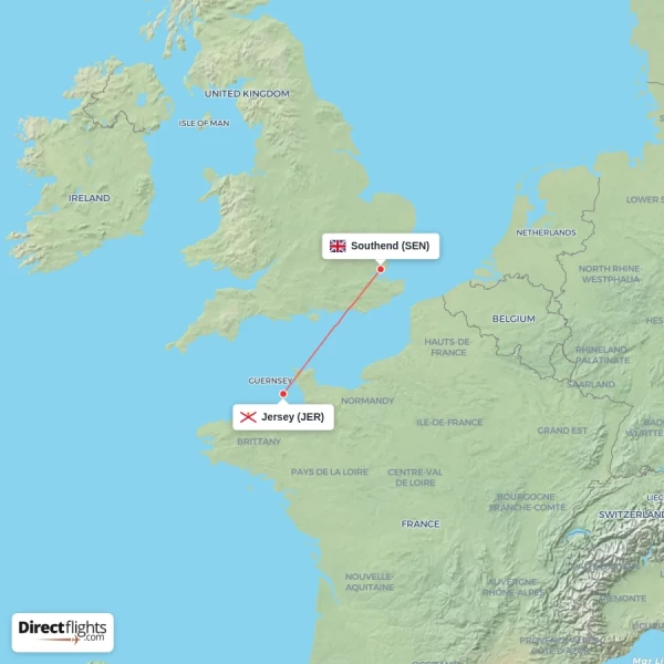 Jersey - Southend direct flight map