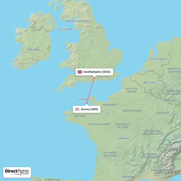 Jersey - Southampton direct flight map