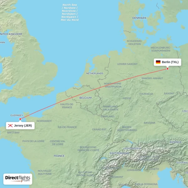 Jersey - Berlin direct flight map