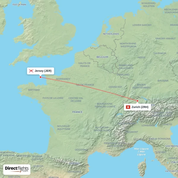 Jersey - Zurich direct flight map