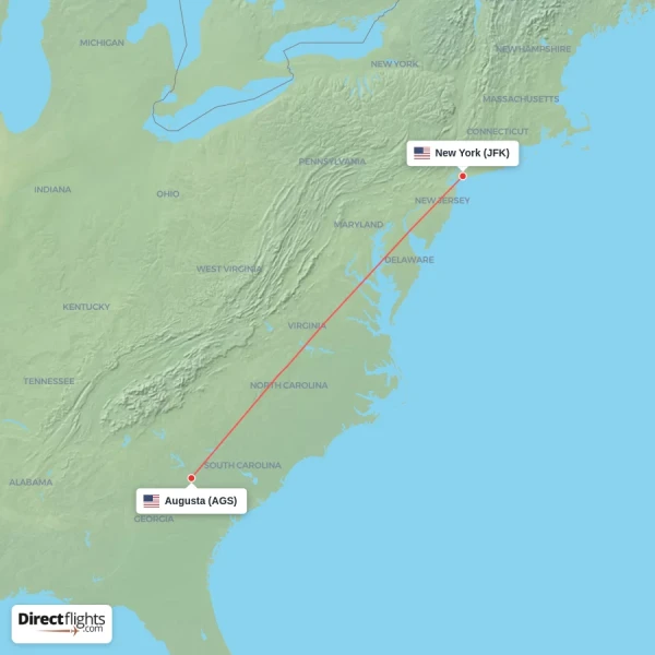 New York - Augusta direct flight map