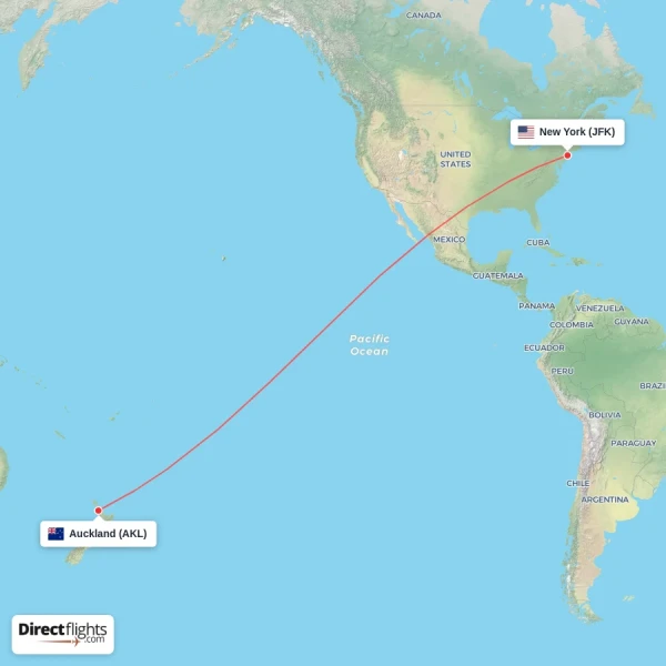 New York - Auckland direct flight map