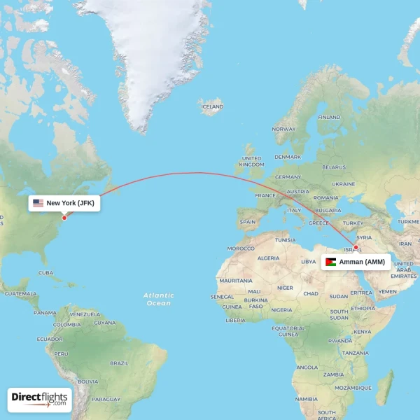 New York - Amman direct flight map