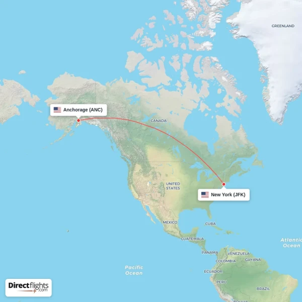 New York - Anchorage direct flight map