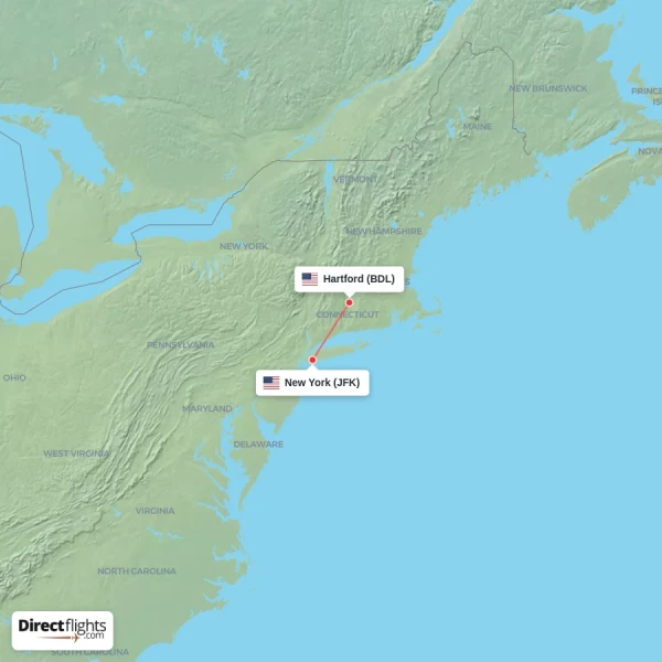 New York - Hartford direct flight map