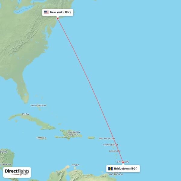 New York - Bridgetown direct flight map