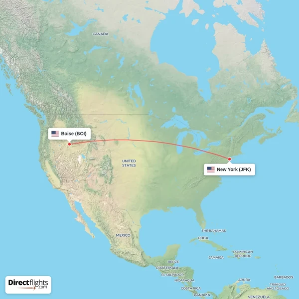 New York - Boise direct flight map