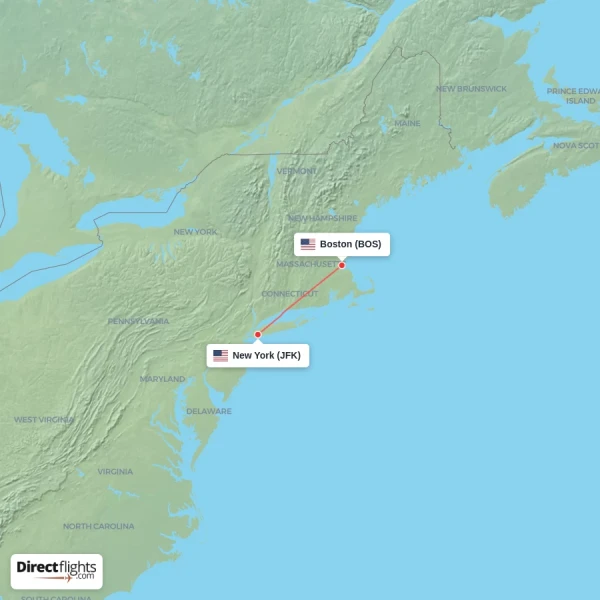 New York - Boston direct flight map