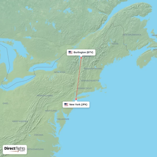 New York - Burlington direct flight map