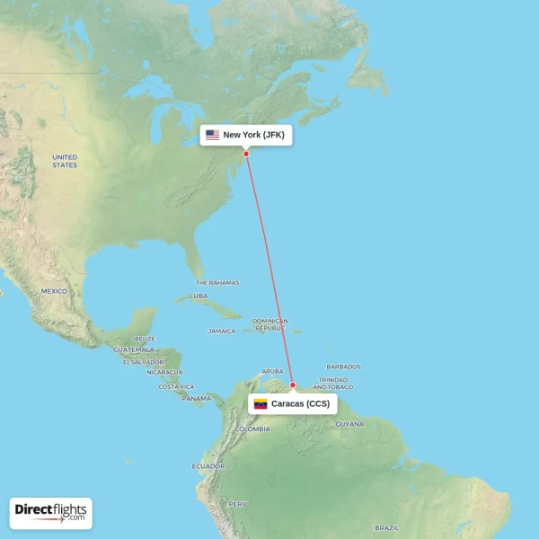 New York - Caracas direct flight map