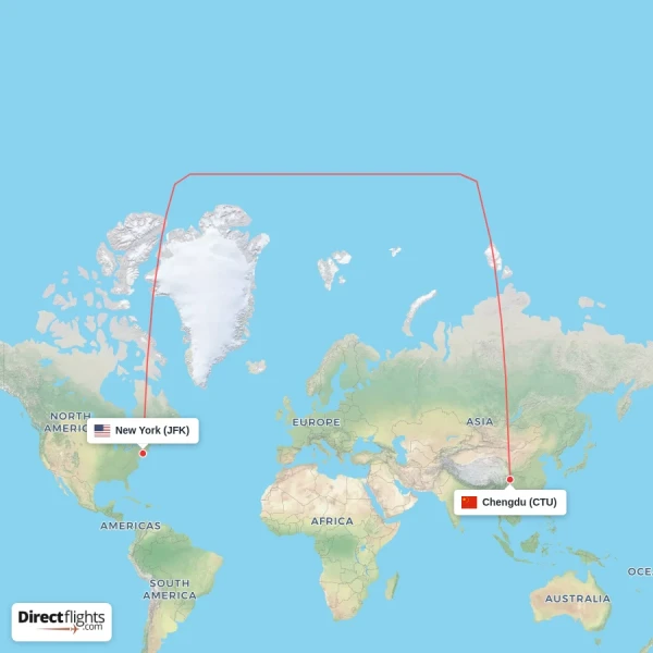 New York - Chengdu direct flight map