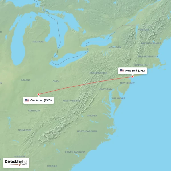 New York - Cincinnati direct flight map