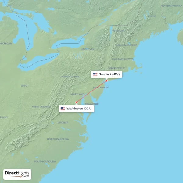 New York - Washington direct flight map