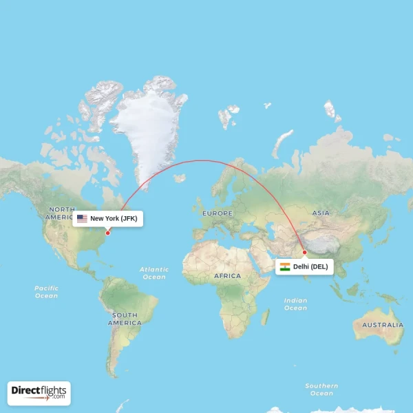 New York - Delhi direct flight map