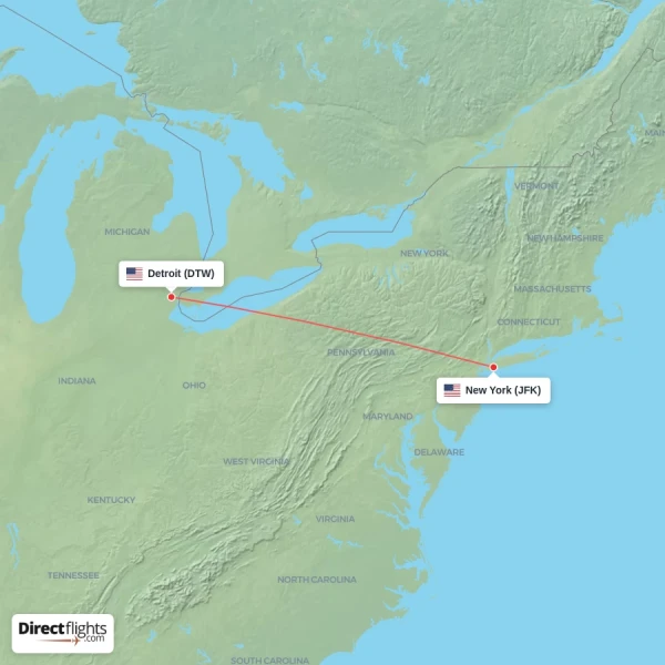New York - Detroit direct flight map