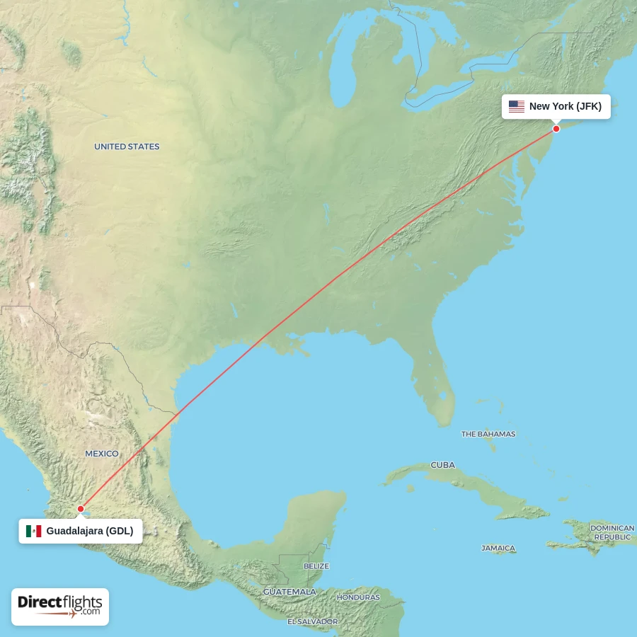 JFK - GDL route map