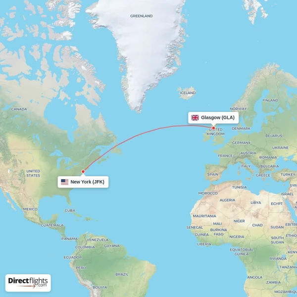 New York - Glasgow direct flight map