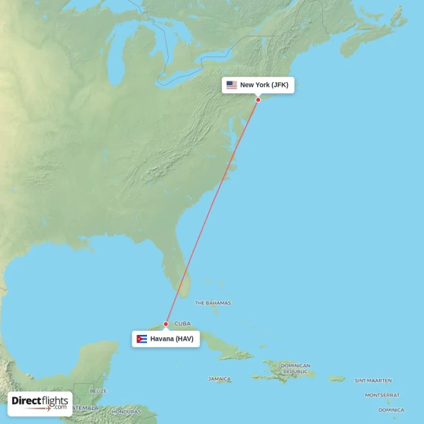New York - Havana direct flight map