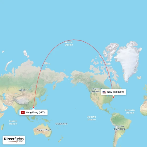 New York - Hong Kong direct flight map
