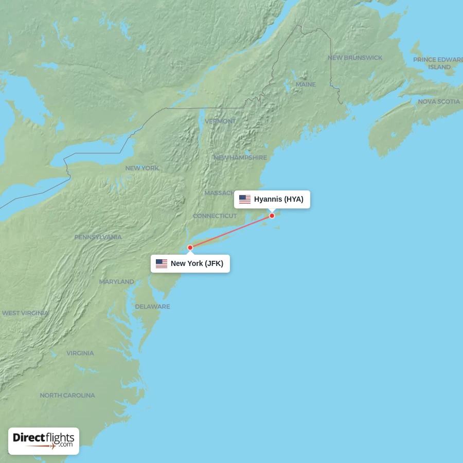 JFK - HYA route map