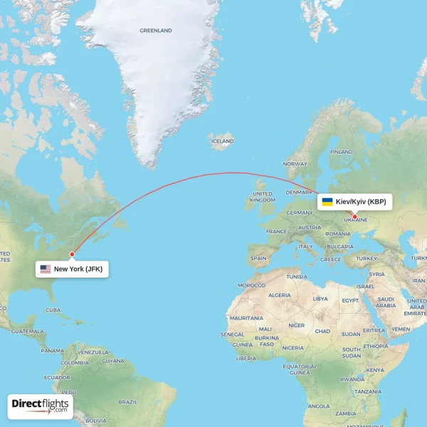 New York - Kiev/Kyiv direct flight map