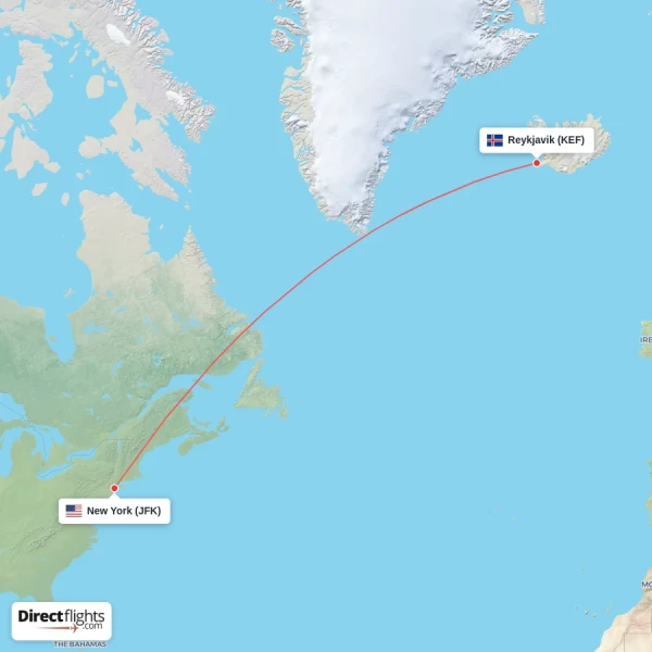 New York - Reykjavik direct flight map
