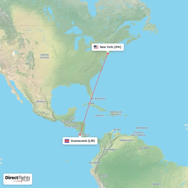 New York - Guanacaste direct flight map