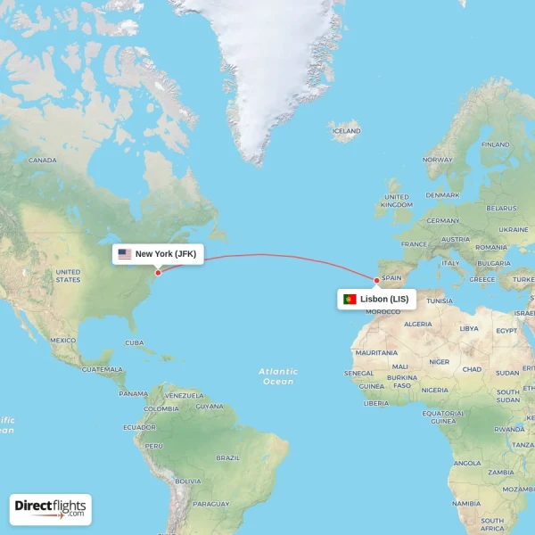 New York - Lisbon direct flight map
