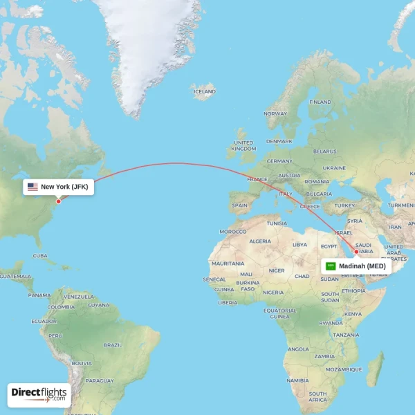 New York - Madinah direct flight map