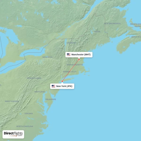 New York - Manchester direct flight map