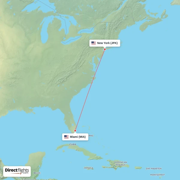 New York - Miami direct flight map