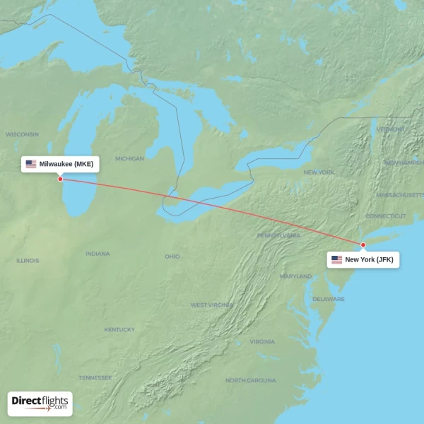 New York - Milwaukee direct flight map