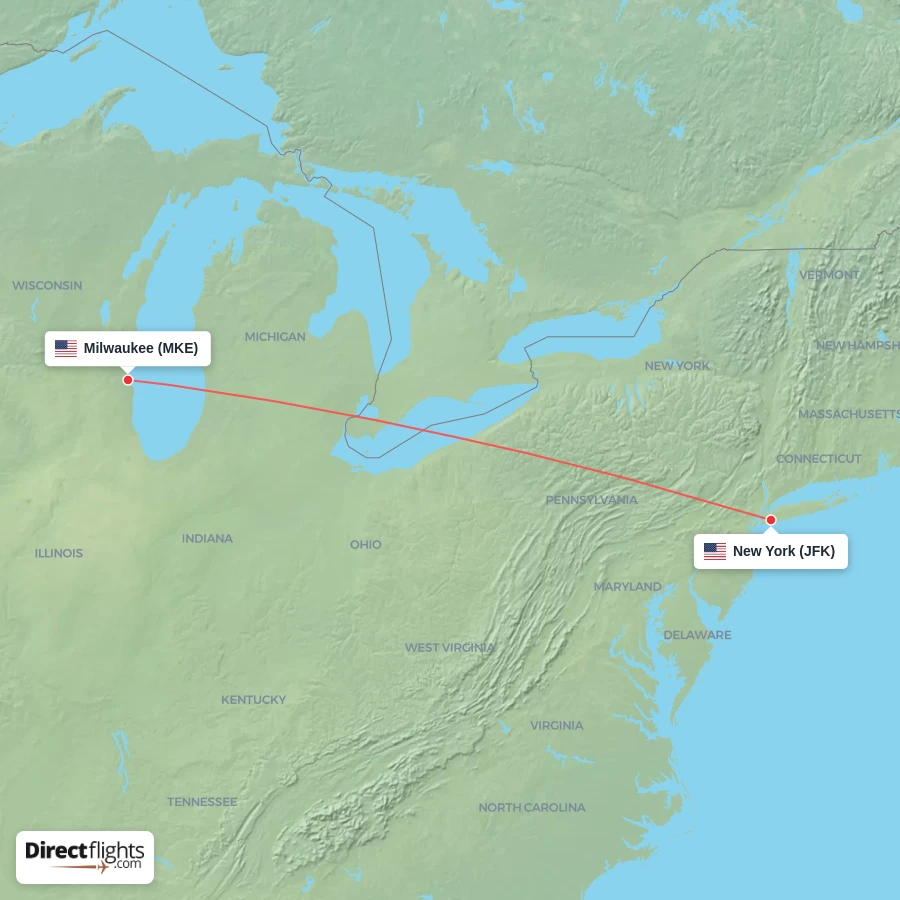 JFK - MKE route map