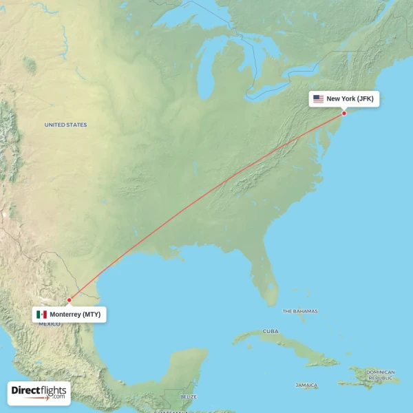 New York - Monterrey direct flight map