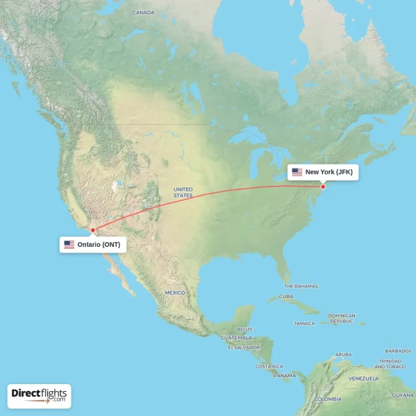 New York - Ontario direct flight map