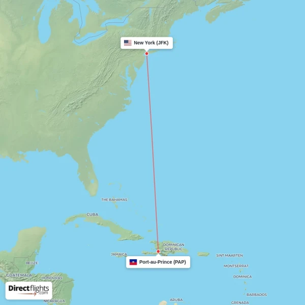 New York - Port-au-Prince direct flight map