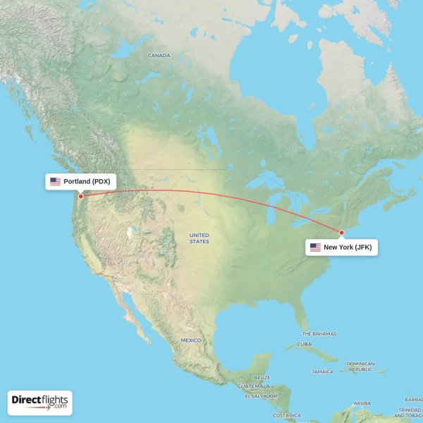 New York - Portland direct flight map