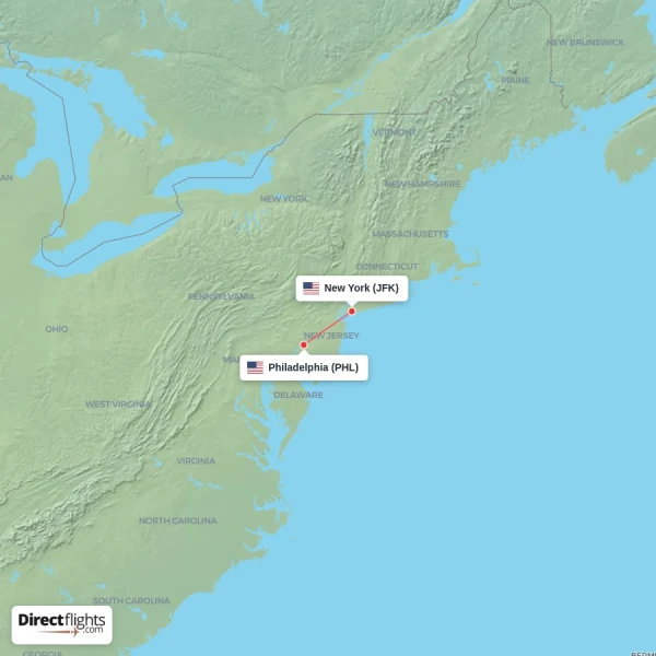 New York - Philadelphia direct flight map
