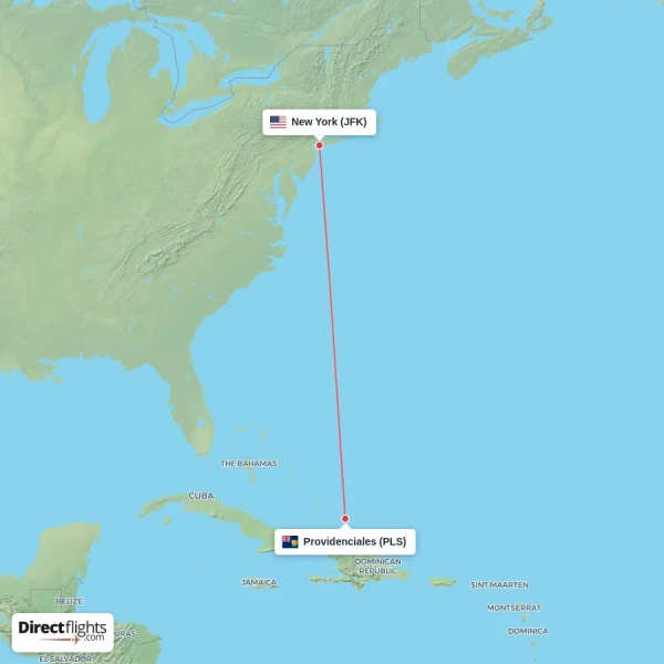 New York - Providenciales direct flight map
