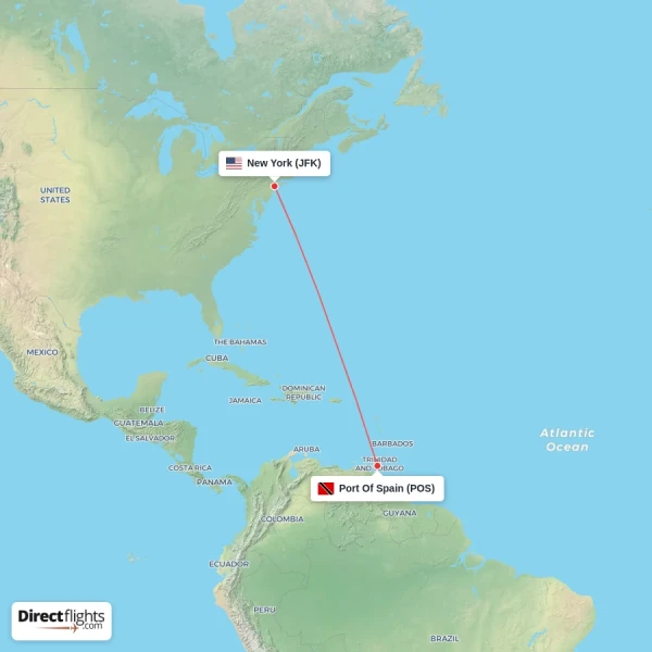 New York - Port Of Spain direct flight map