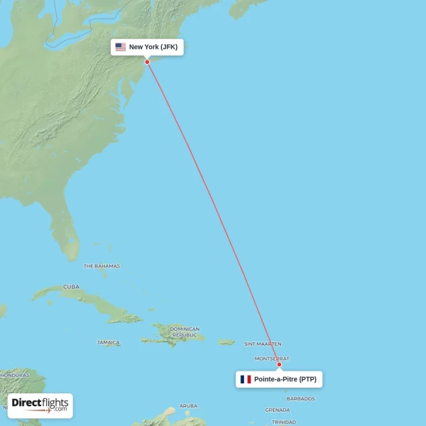 New York - Pointe-a-Pitre direct flight map
