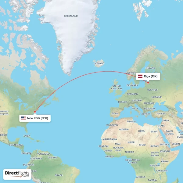New York - Riga direct flight map
