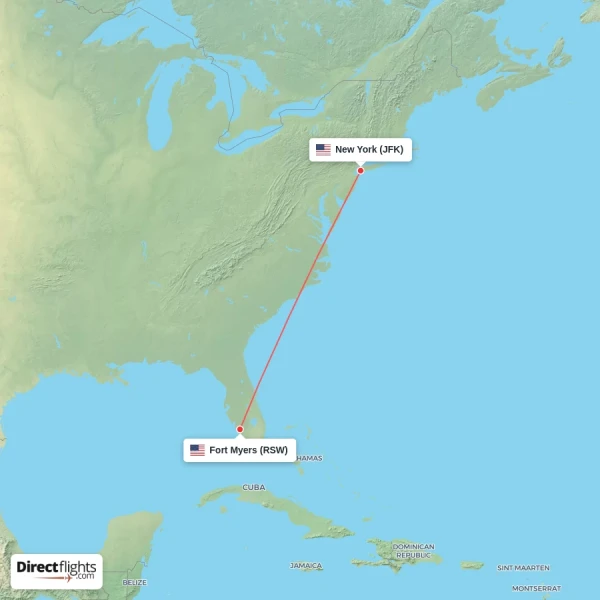 New York - Fort Myers direct flight map