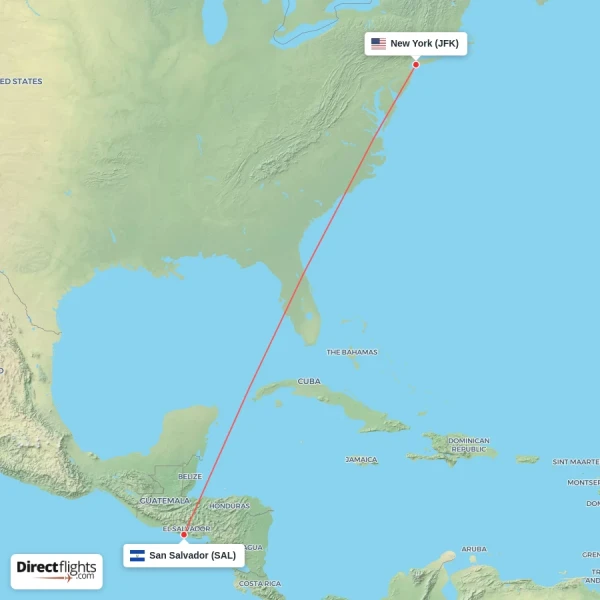 New York - San Salvador direct flight map