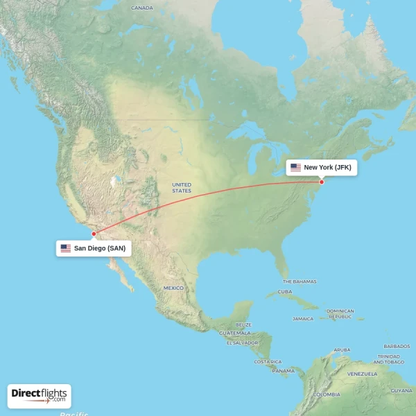 New York - San Diego direct flight map